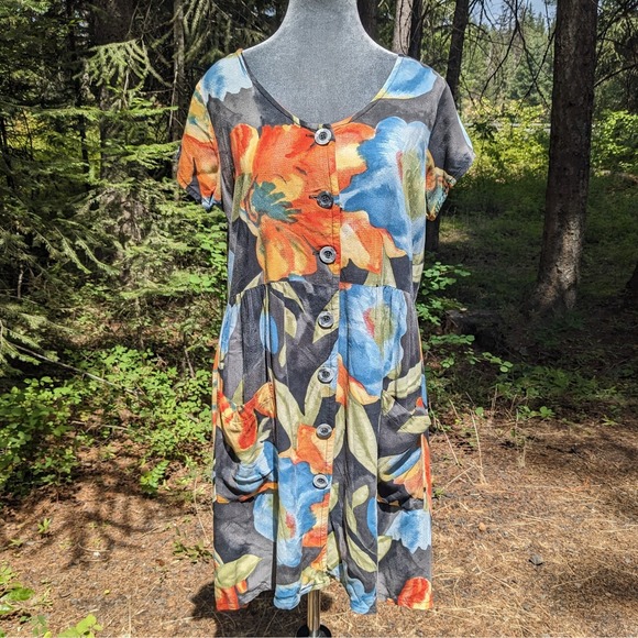 Sun Showers Dresses & Skirts - Vintage 90s Watercolor Floral Rayon Mini Dress M Button Front Babydoll Pockets